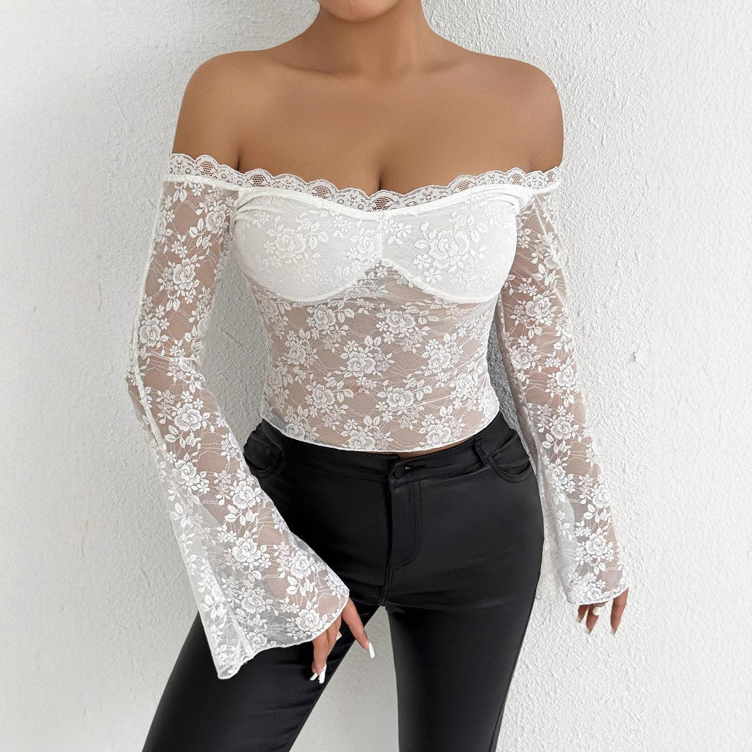 Women's Sexy Shoulderless Lace Low Neck Dress Nightclub Street Style White Fashionable Slim Fit Trumpet Sleeve Top Summer