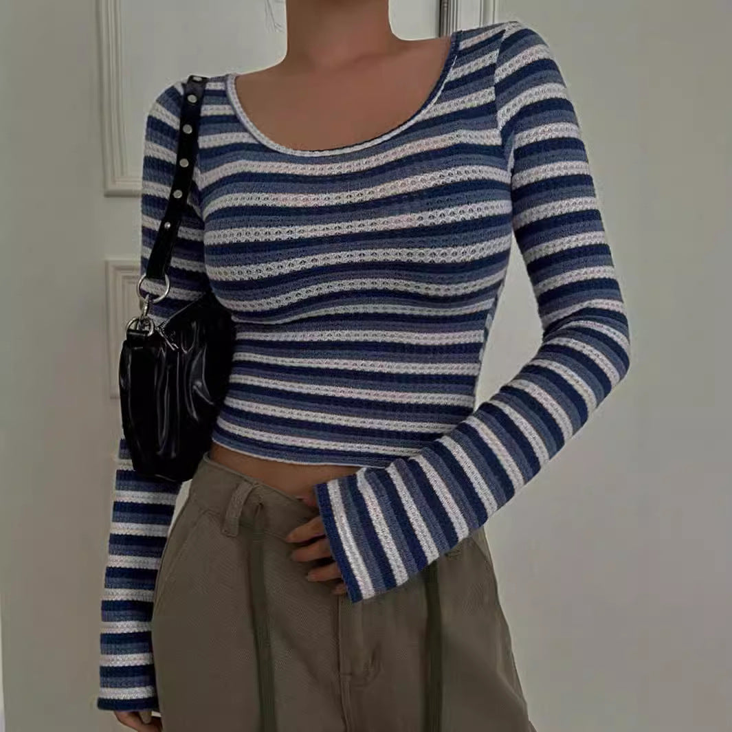 American Women's Clothing New Products Hit Low Shirt American Spice Girl T-shirt Pullover Round Neck Slim Striped Long Sleeve