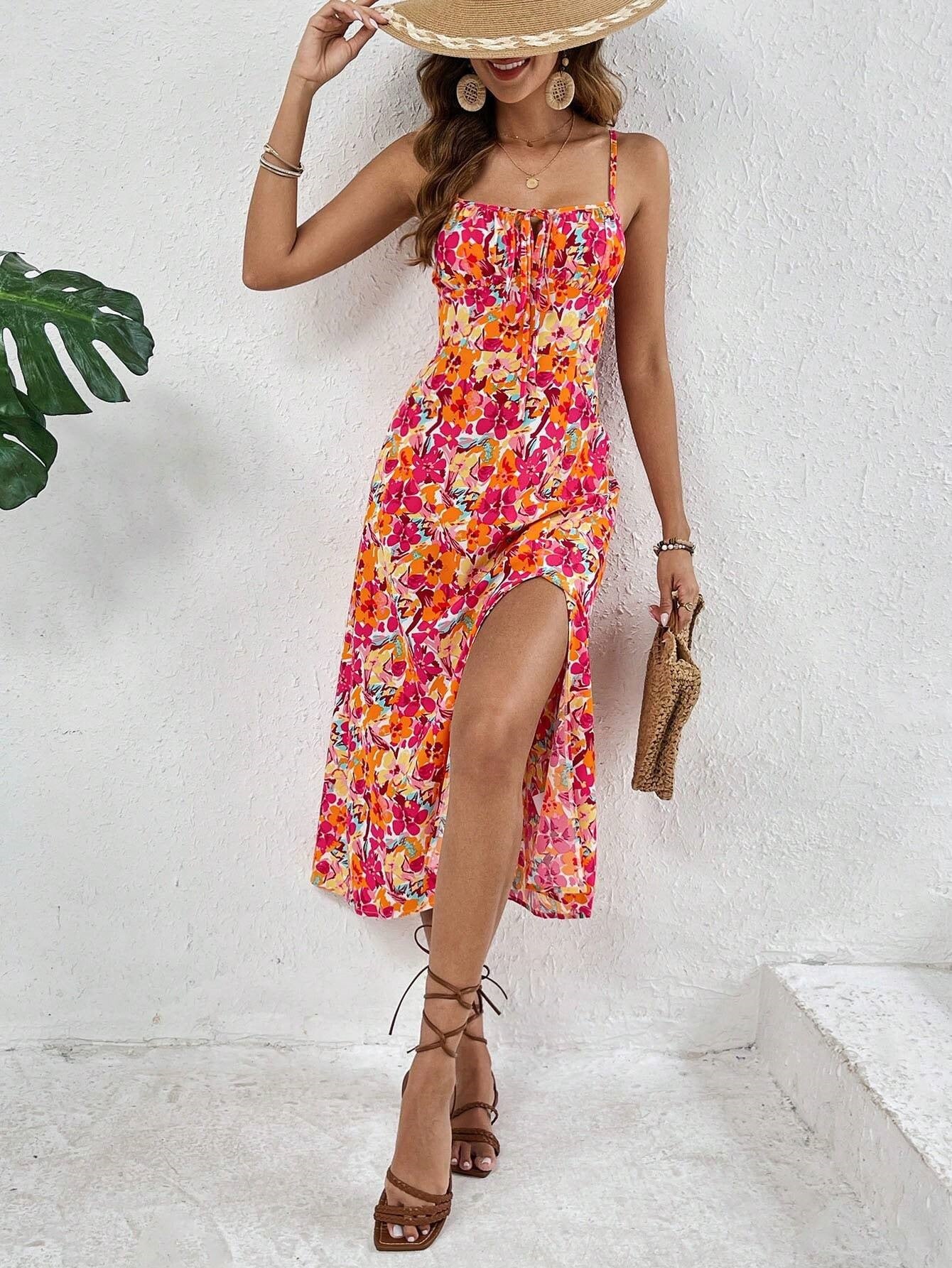 Summer 2025 New Women's Full Floral Print Long Dress Elegant Beach Vacation Style Sleeveless Dress Floral Print Maxi Dress
