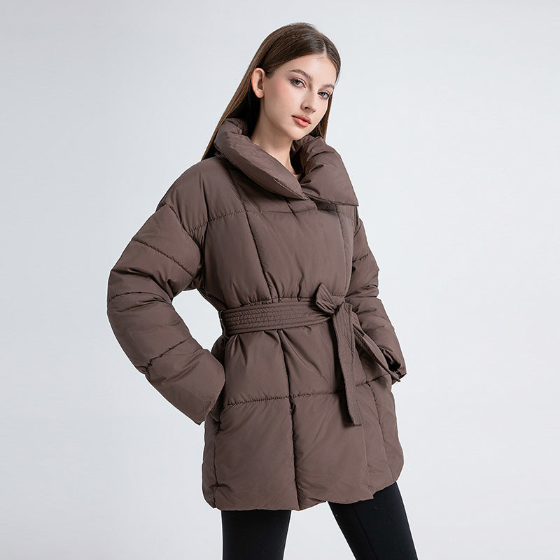 Winter Thick Stand Collar Parkas Women Fashion Tie Waist Coats