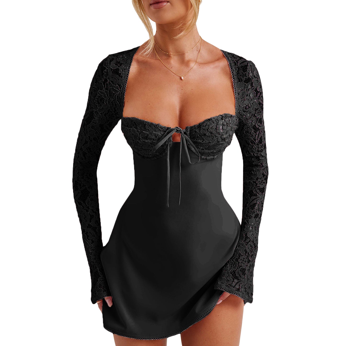 Women’s Lace Long Sleeve Dress Low Cut Back Tie Mini Dress Tunic Dress Vacation Coastal Clothes Concert Outfit