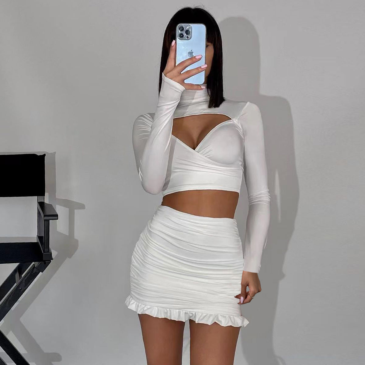 Solid Slim Short Crop Top Women Hollow Out Accessories Long Sleeve Aesthetic Clothes Streetwear Roupas Femininas Estilosas