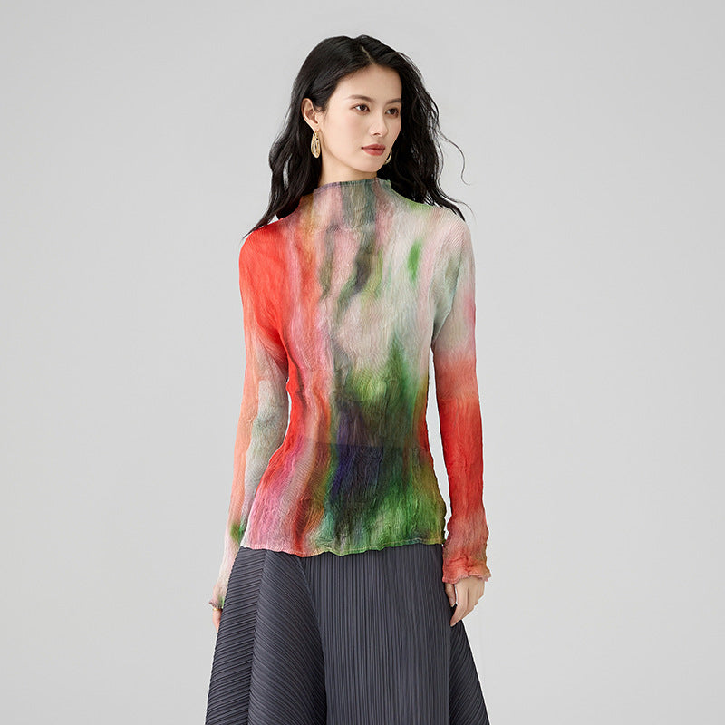 Spring New Tie-dye Long-sleeved Bottoming Shirt Wicker Print Fashionable Versatile Half-high Neck Slim T-shirt