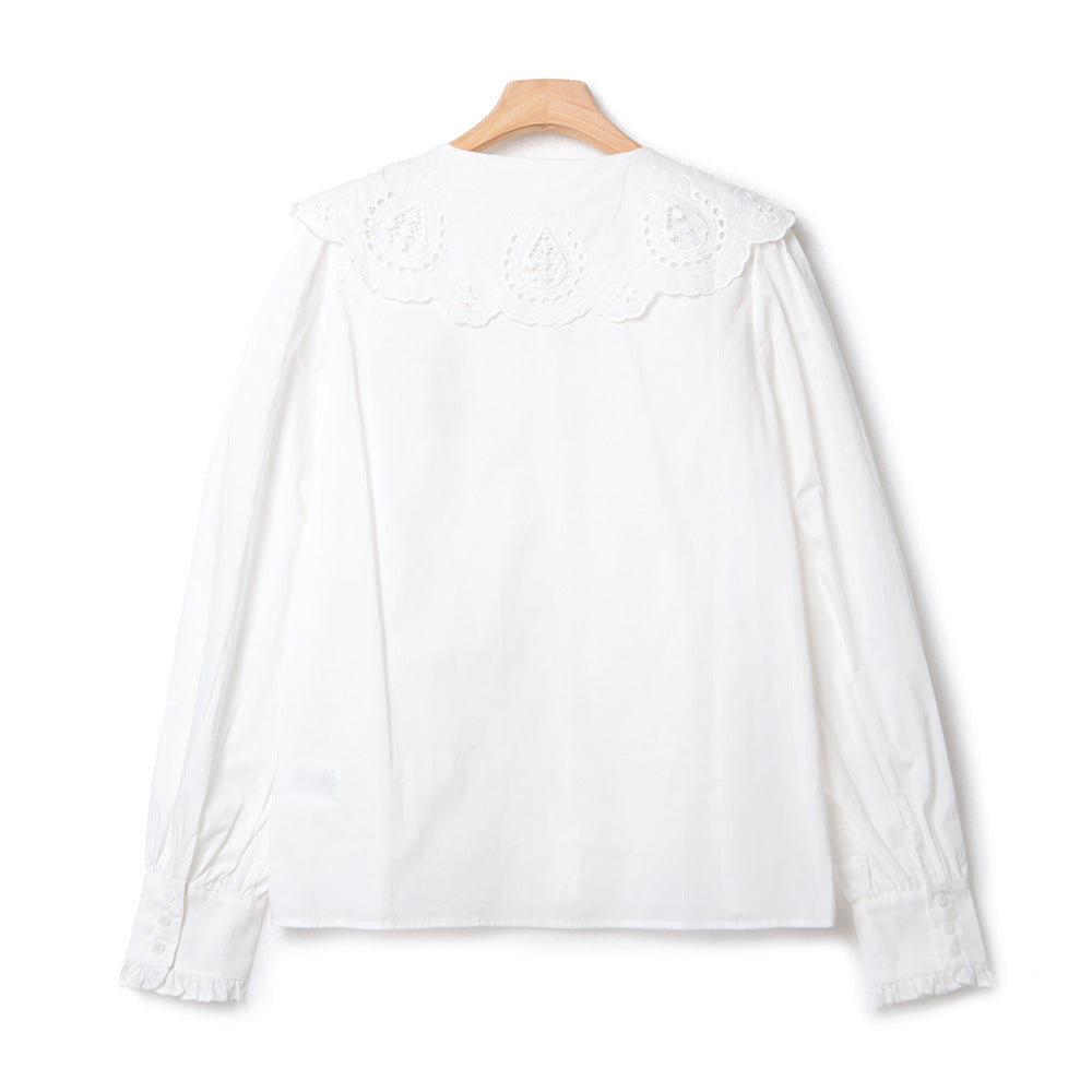 Women's Embroidery Retro Single-Breasted Blouse 2023 New Ladies Long Sleeve French Romantic Peter Pan Collar Shirt and Tops