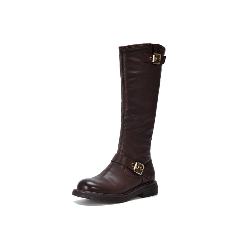 Cow Leather Chunky Med Heels Retro Riding Boots Brand Winter Warm Zipper Concise Office Lady Casual Knee High Boots