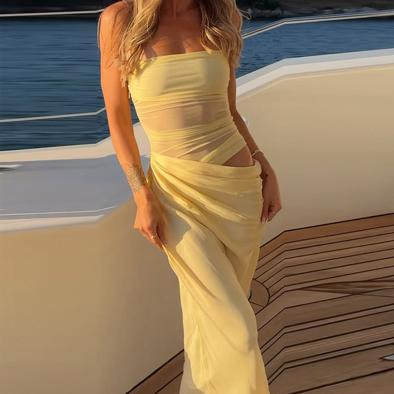 Mesh Sheer Patchwork Sleeveless Halter Ruched Midi Dress Solid Sexy Elegant Long Dress Party Club Beach Spring Summer
