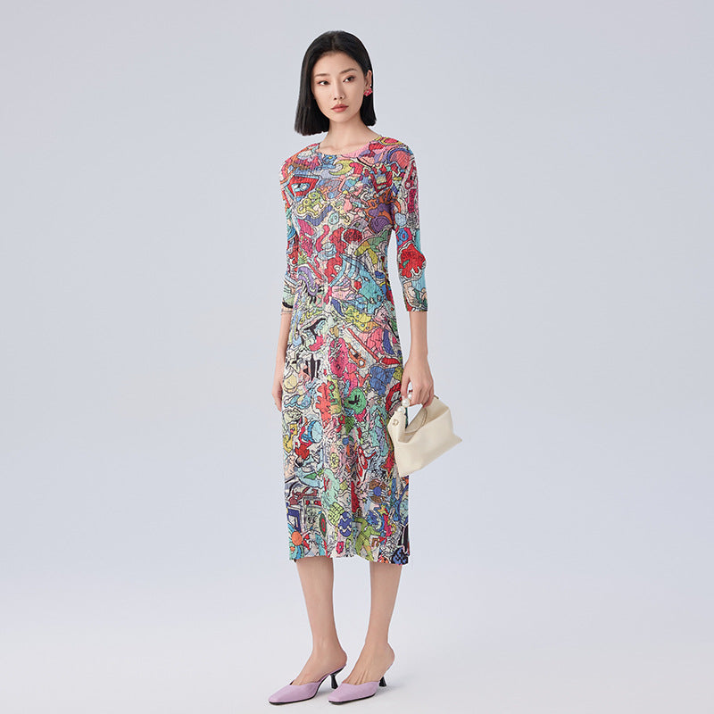 Print Pleated Skirt/Holiday Party Temperament Loose Bat S Sleeve Dress