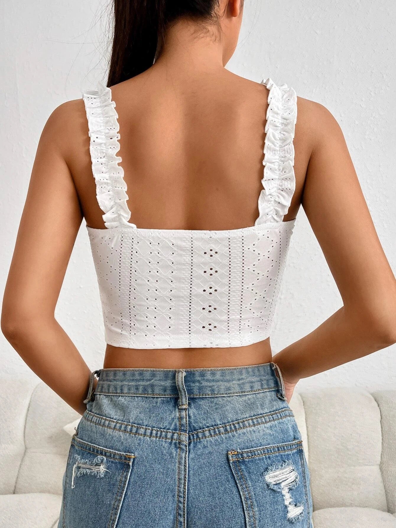 Top Women Summer Fashion Eyelet Embroidery Frill Hem Casual Square Neck Sleeveless Plain Skinny Daily Tied Detail Tank Top