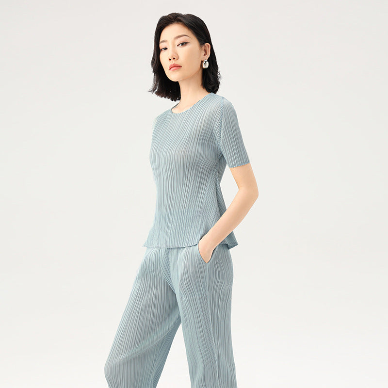 Women's Minimalist Pleated Pants Elastic Waist Solid Color Casual Straight Leg Trousers