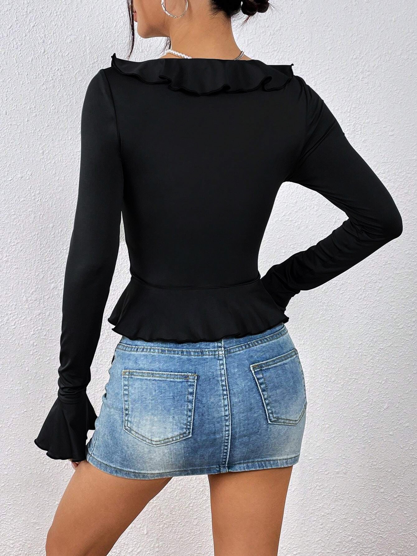 Aesthetic Cardigan Shirt Women Button Front Flare Long Sleeve Crop Top Basic Tees
