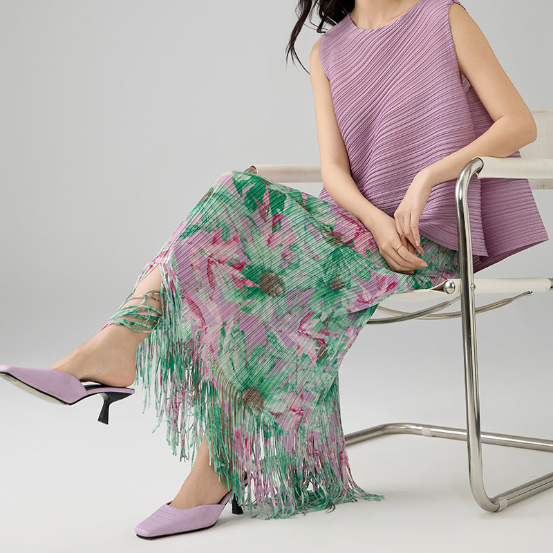 Summer Fashion Temperament Printed Pleated Skirt Mid Length Straight Wrapped Tassel Spliced A-line Skirts