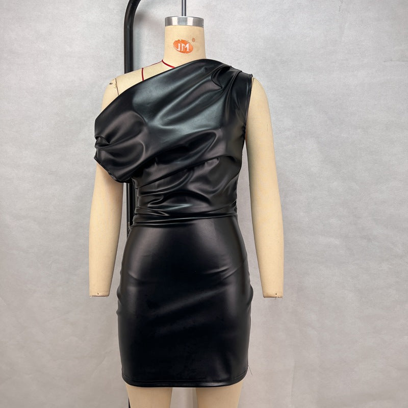Off Shoulder PU Leather Dress Women Sexy Solid Tight Pleated Short Dress Party Club Sleeveless Leather Dress Vestidos