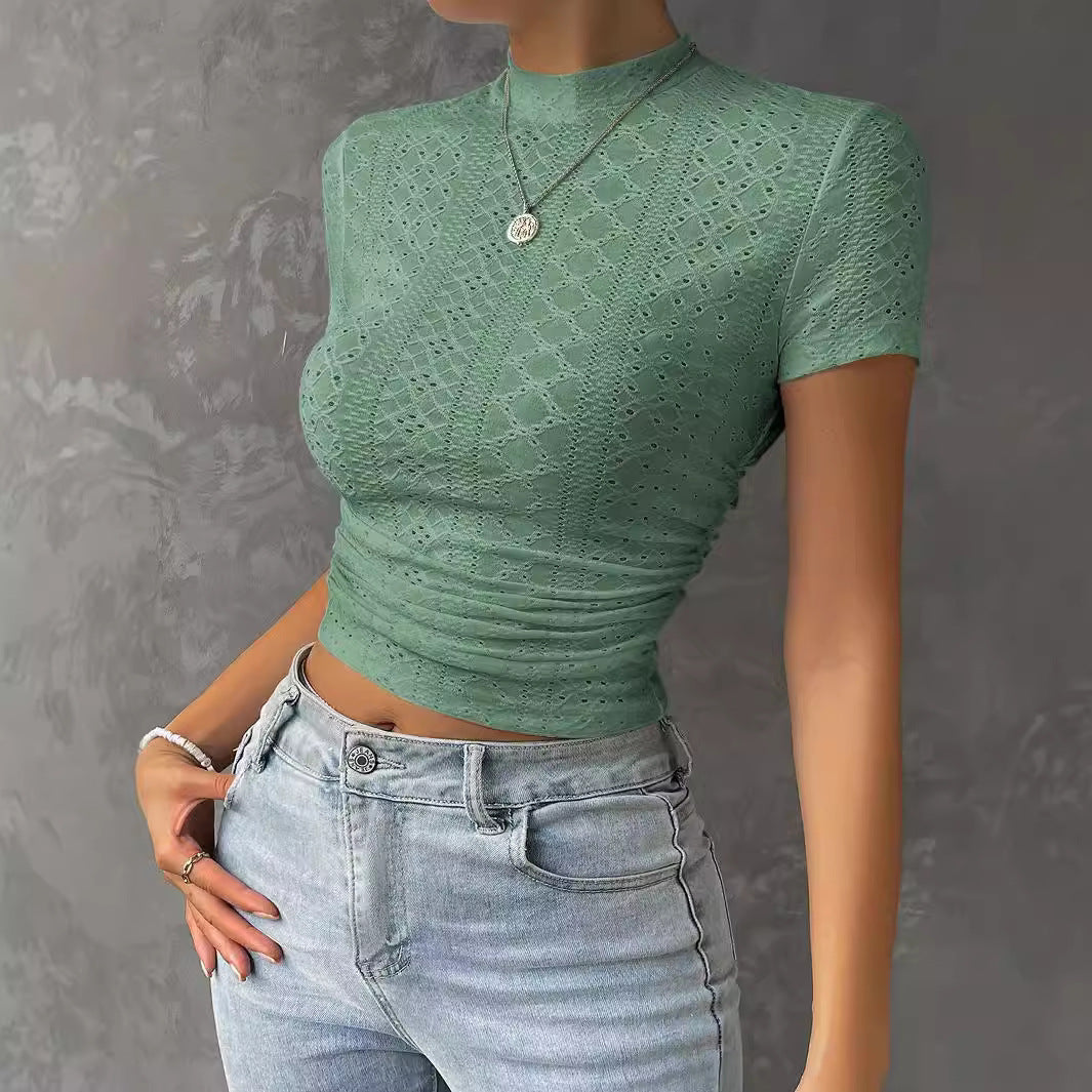 Summer Women's Pullover Half High Neck Short Sleeve Solid Plaid Hollow Out Folds Elastic Slim Fashion Casual Sexy T-shirt Tops