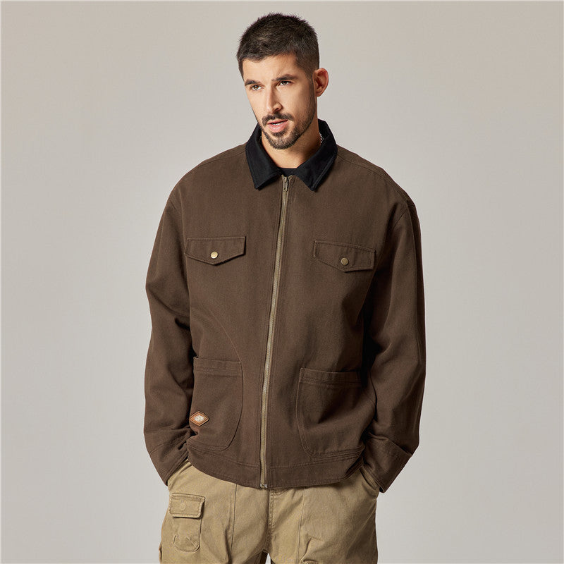 Twill Cotton Work Jacket For Men American Style Vintage Modern Casual Loose Fit Bib Trousers Spring Autumn Season Wear