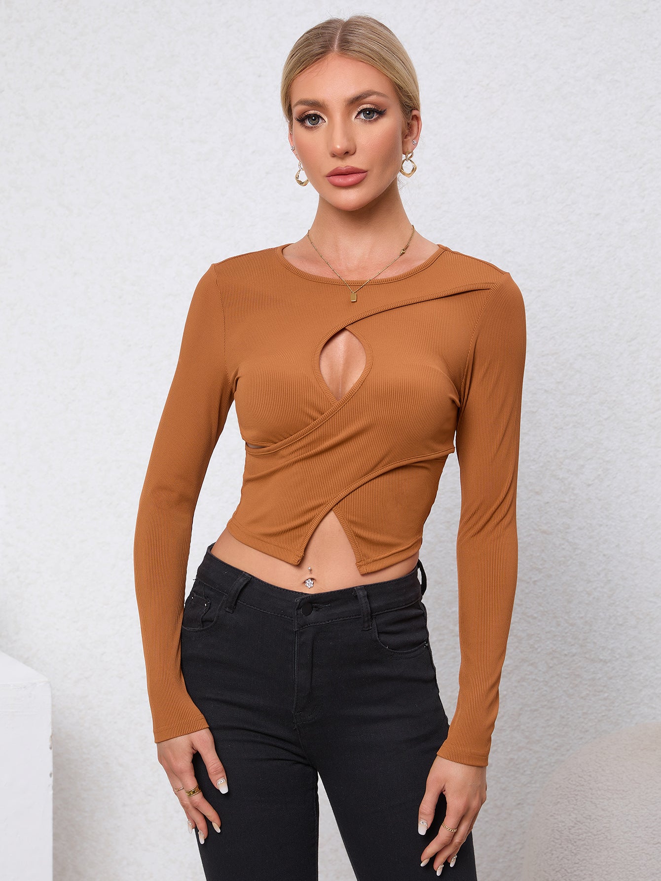Women's Knitted Slim Fit Short Sleeve T-shirt round Neck Hollow out Design Autumn Winter Fashion Sexy Top Pure Color Base Layer