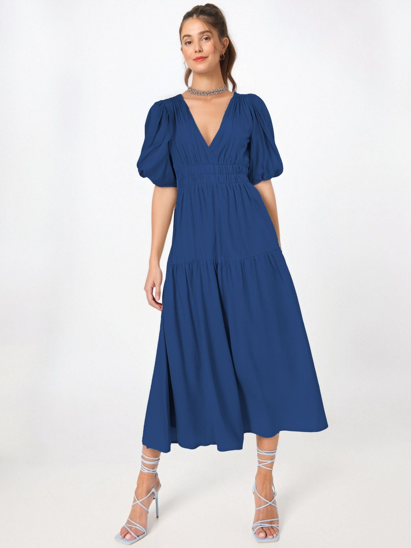 Sexy V Neck Dresses For Women'S Summer Casual Short Sleeve Solid Swing Dress Flowy Tiered Maxi Beach Sundress For Mature Women