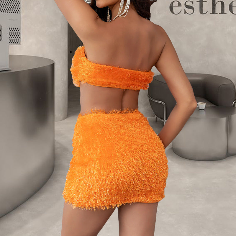 Sexy Solid Color Furry Set High Waist Bandage Short Skirt Trendy Club Girl Short Bustier Hot Pants Outfit Women's Fashion