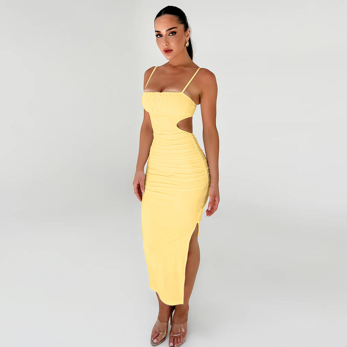 Women's Clothing Suspender Dress, European And American Sexy Backless Pleated Hip-wrapped Side Split Dress