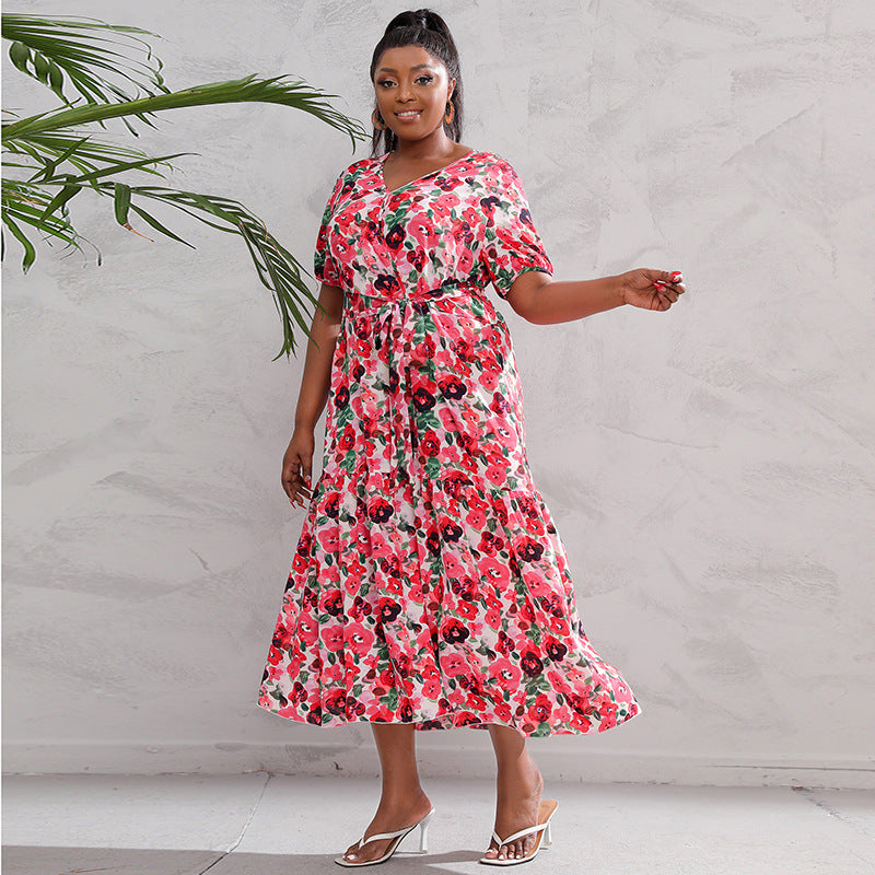 Plus Size New Oversized Super Fairy V-neck Floral Dress, Beach Vacation Dress, Loose Waist Long Skirt