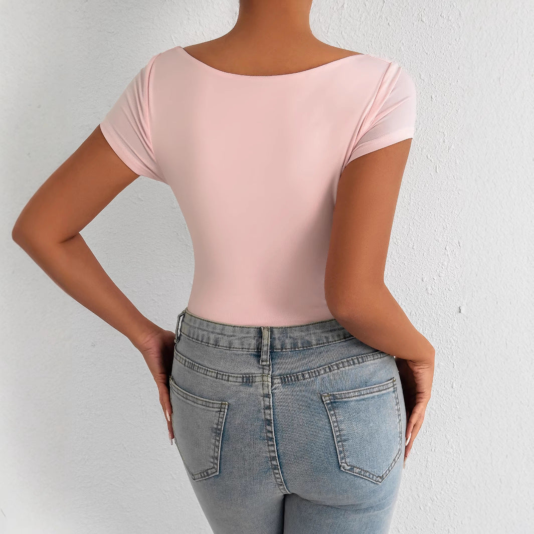 Sexy And Elegant Women V-neck Tight Jumpsuit Shorts Nightclub Party Style 2025 New Fashion Light Pink Low Neck Pleated Tops
