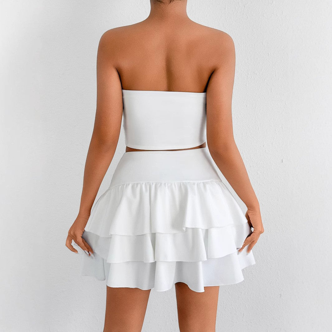 Sexy Strapless Suspenders Fluffy Skirt Two-Piece Set Nightclub Style New Spring And Summer White Tight Irregular Short Skirt