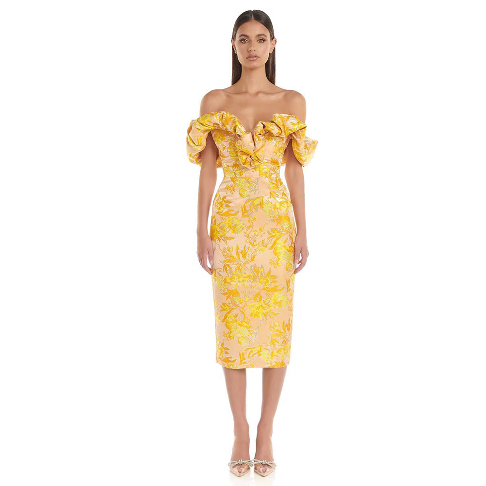 French Design Sensual One-Shoulder Waist-Cinched Elegantly Yellow Embroidered Dress for Ladies' Party And Wedding