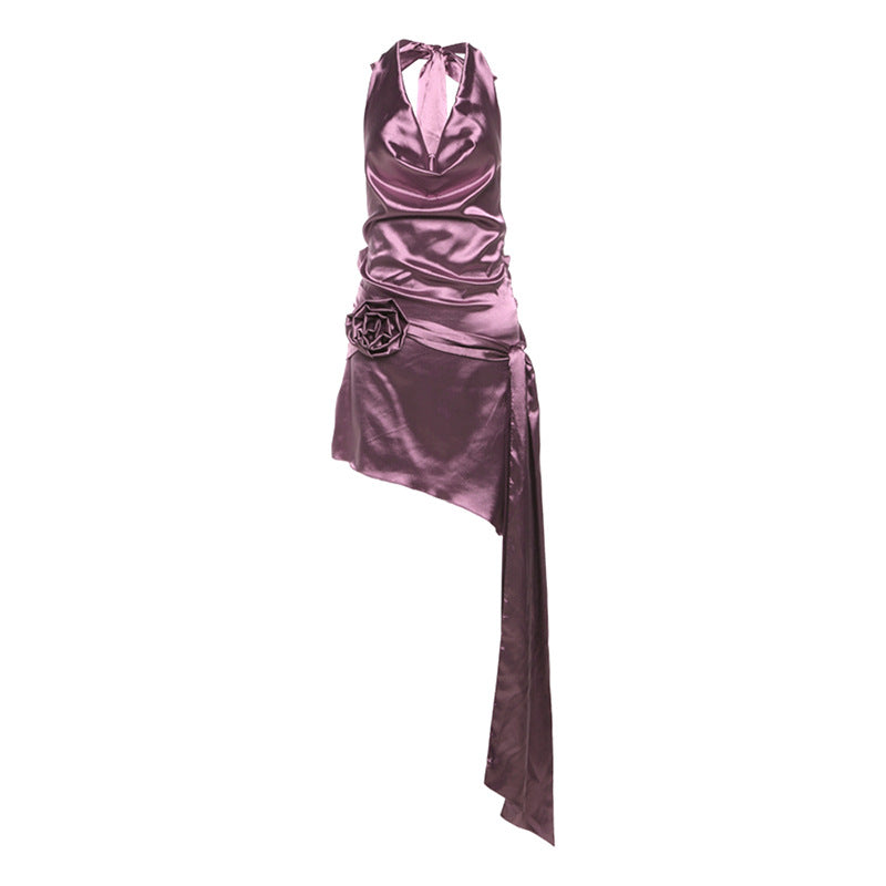 Halterneck Backless Satin Irregular Mini Dress with Floral Embellishments Sleeveless Draped V-neck Dress