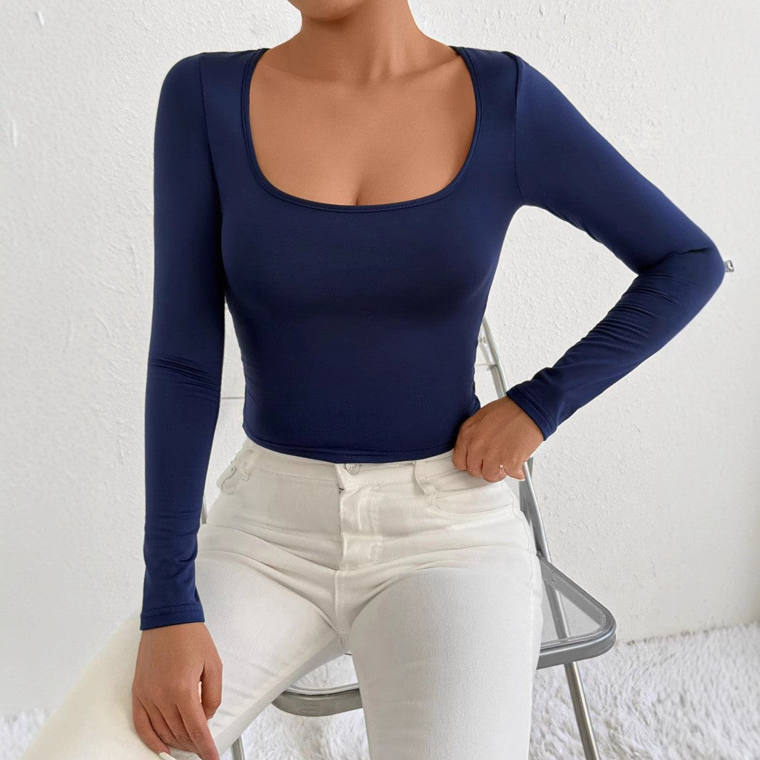 Women's Long Sleeved U-neck T-Shirt Top Solid Color Street Spicy Girl Casual Autumn Tight Fitting Women's T-Shirt