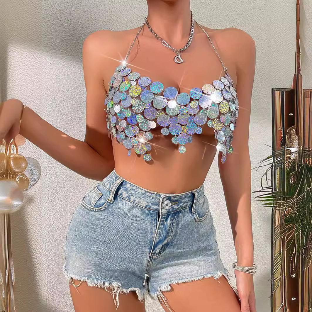 New Summer Luxury Shinny Sequin Halter Tank Tops Sexy Fashion Popular High Street Camsiole Aesthetic Clothes