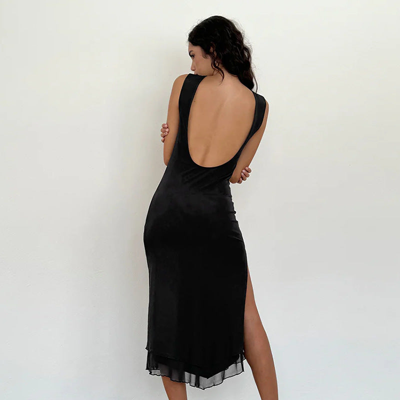 Latest Design Women's Solid Color Tank Top Slim Long Knit Split Dress Sleeveless Female