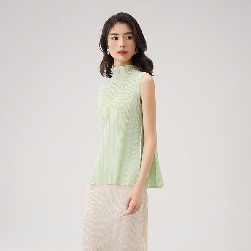 Summer Chic Mint Green Sleeveless Stand Collar Vest Basic Slimming Versatile Top For Women