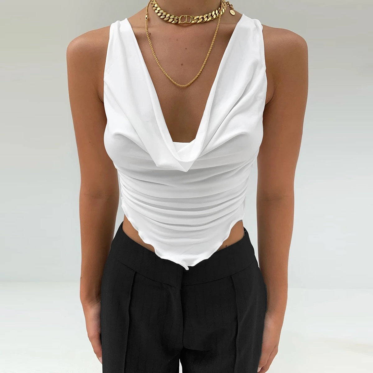 Summer Fashion Outfits Ruffles Ruched Sexy Tank Tops For Women White Slim Elastic Top Cropped Club Party Casual Tops
