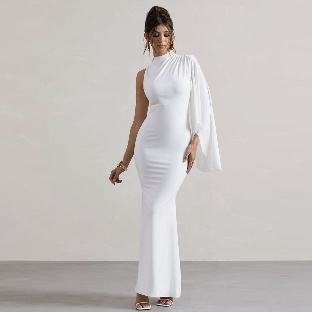 Women's Fashion Long Sleeve Slim Fit Round Neck Bodycon Skirt Single Shoulder Patchwork Dress Sexy Smooths Your Silh