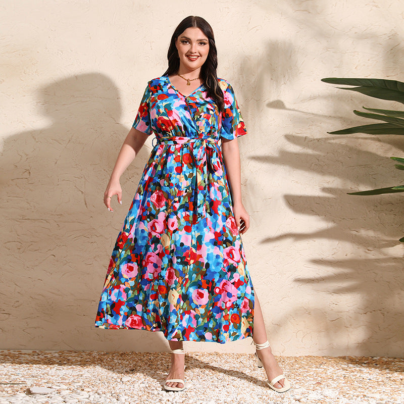 Fashion Style Plus Size Dress Women's V-Neck Loose-Fit Large Swoop Feather Printing Dress