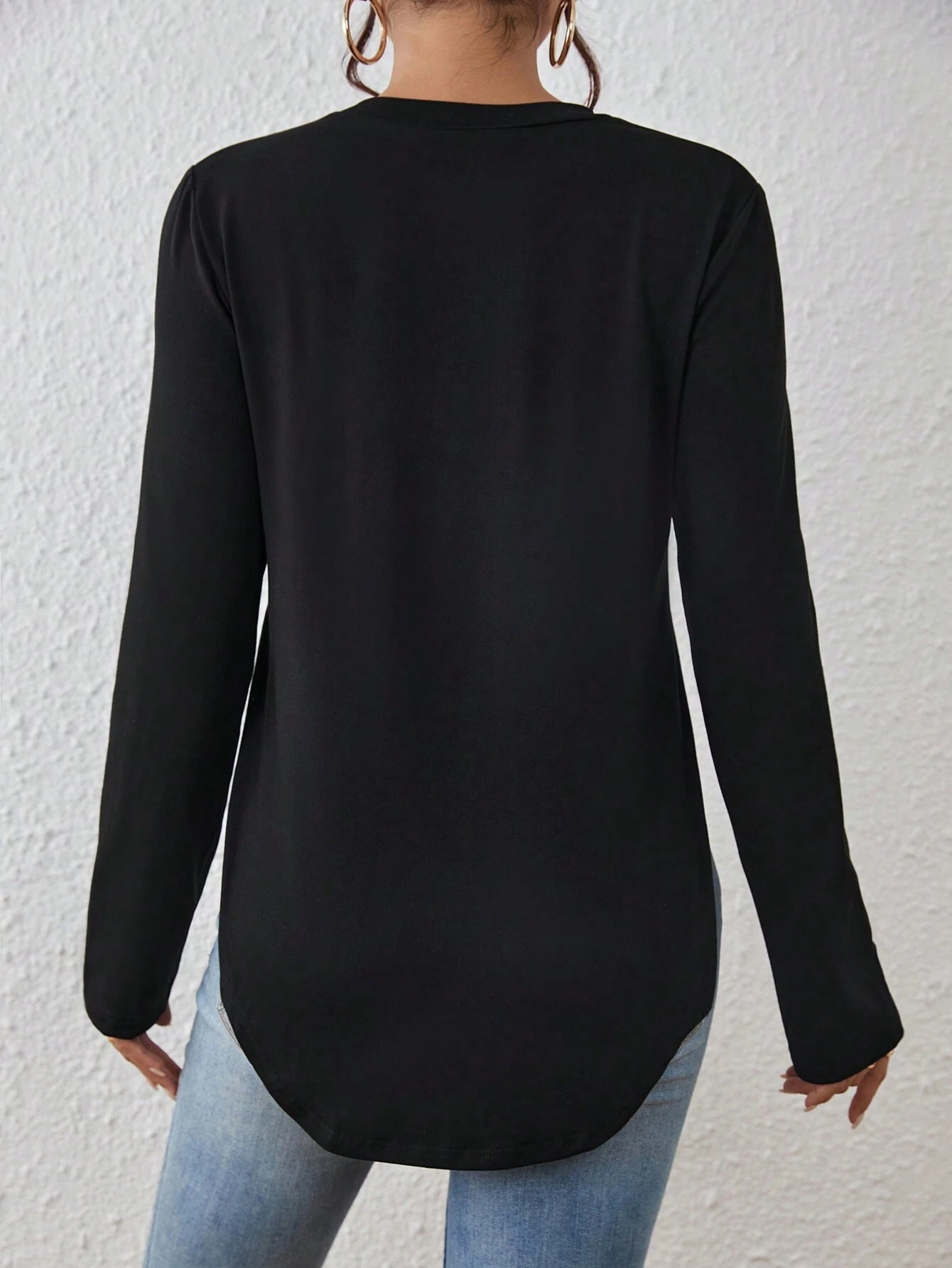 Women's Loose Casual Round Neck Slit Long-sleeved T-shirt Versatile Top