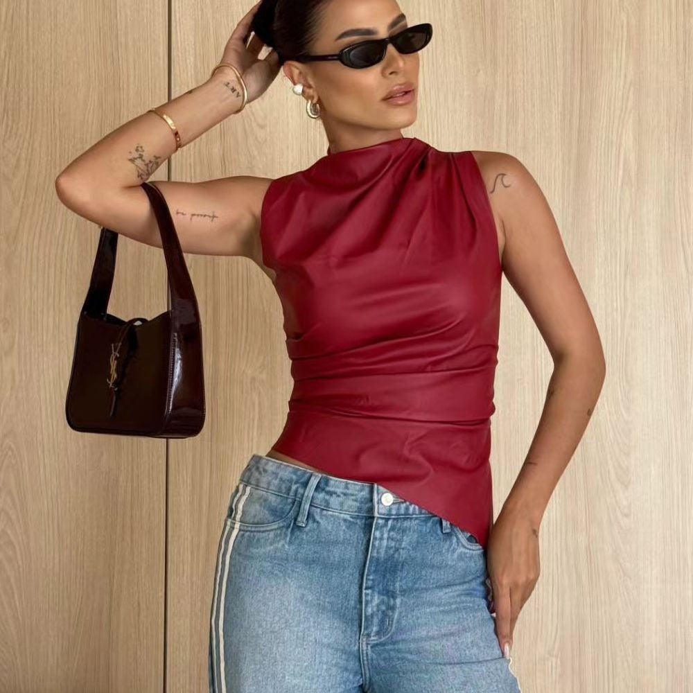 PU Leather Tank Women Street Wine Red Sleeveless Pleated Slim Female Top Spring Summer Sexy Sheath Zipper Elastic Lady Shirt