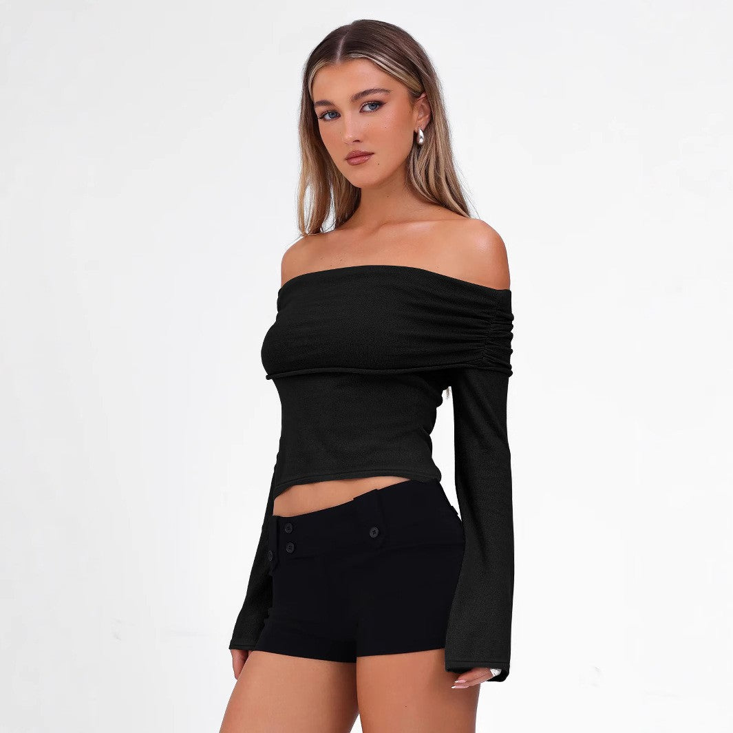 Sexy Elegant Women's Semi Transparent T-shirt Round Neck Long Sleeved Solid Color Casual T-Shirt Retro Off Shoulder Sexy T-Shir
