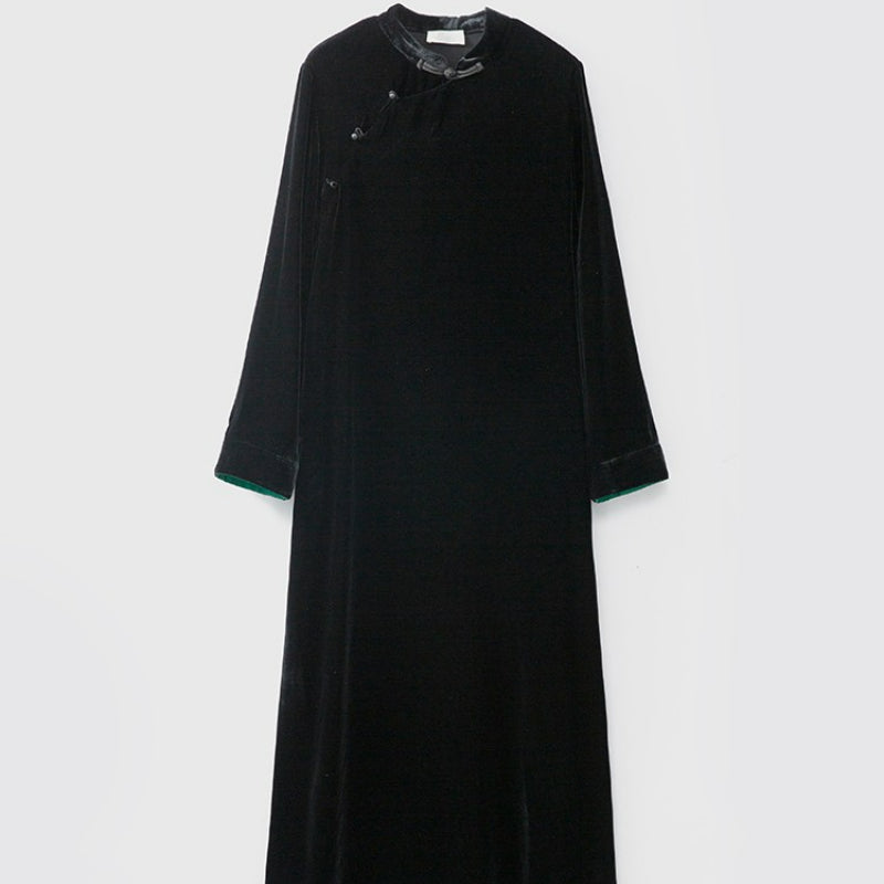 High Quality National Style New Chinese Improved Mandarin Collar Dress Female Silk Velvet Temperament Color Contrast Patchwork