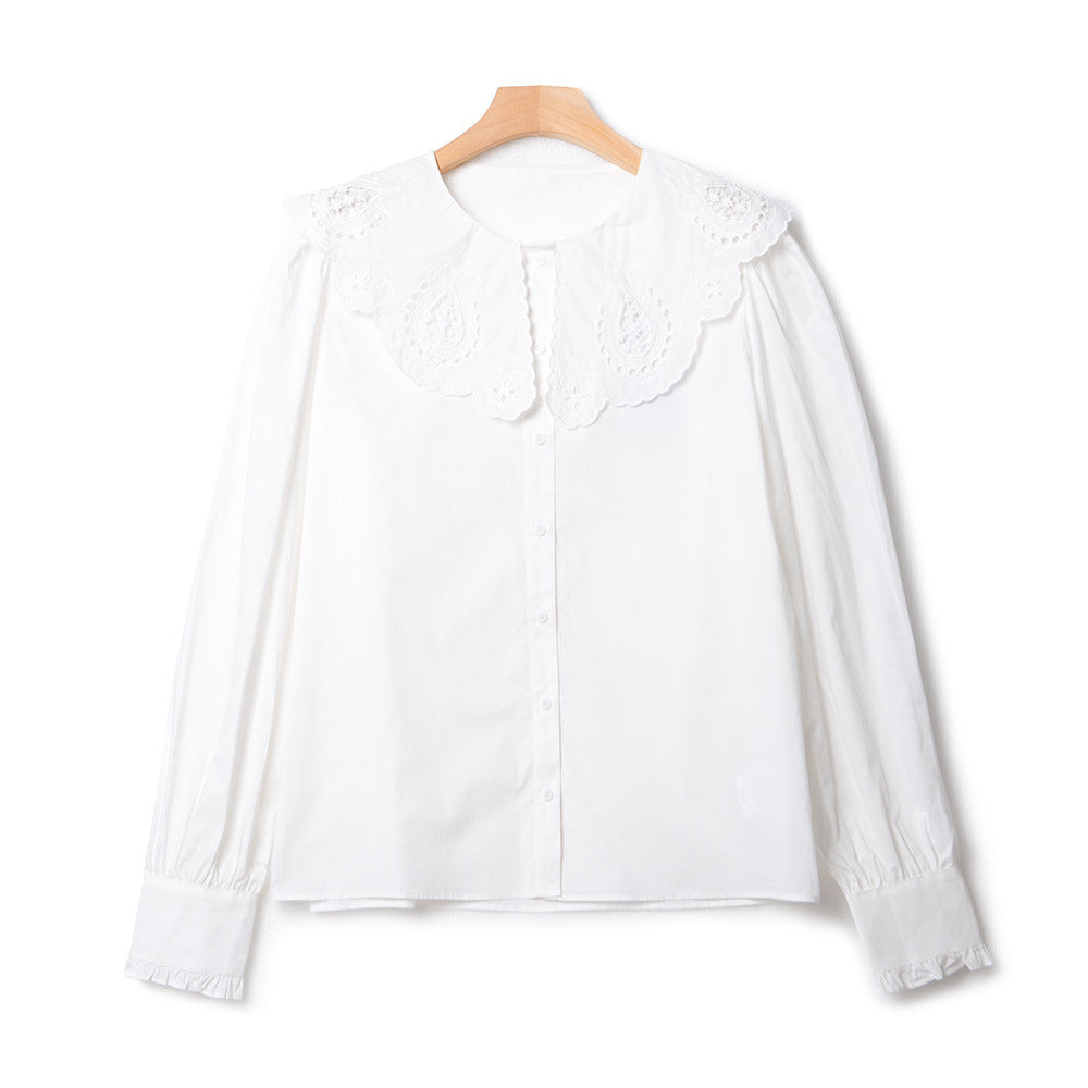 Women's Embroidery Retro Single-Breasted Blouse 2023 New Ladies Long Sleeve French Romantic Peter Pan Collar Shirt and Tops