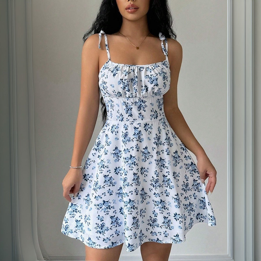 2025 Floral Spaghetti Strap Mini Dress Women Sexy Square Neck Lace Up Print Short Dress New Summer Temperament Beach Dresses
