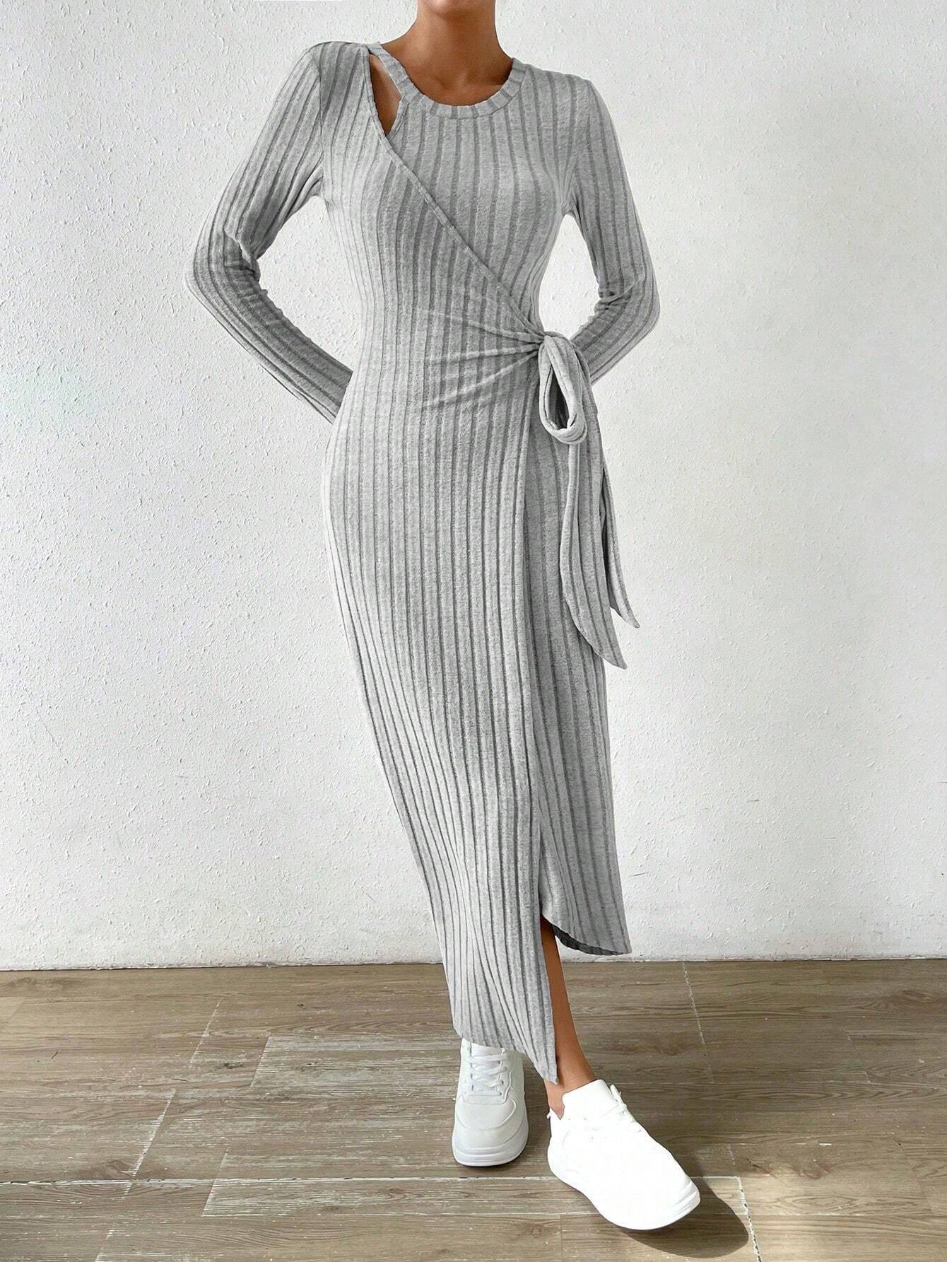 Fall Winter Women Dress Hollow Out Wrap Lace Up Waist Round Neck Irregular Hem Lady Dress Solid Color Long Sleeve Knitted Dress