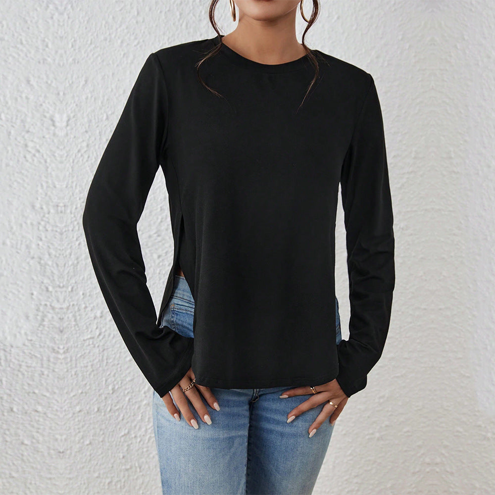 Women's Loose Casual Round Neck Slit Long-sleeved T-shirt Versatile Top