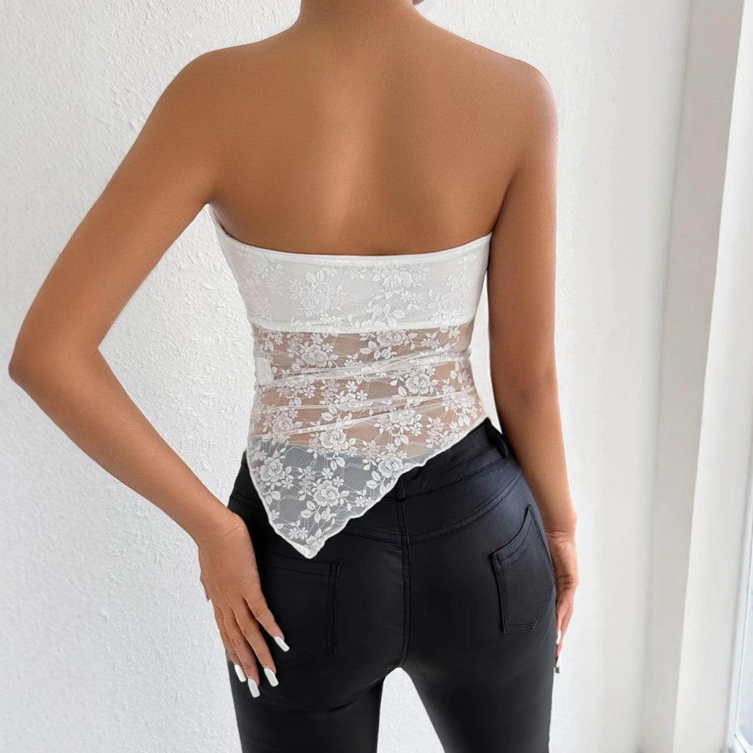 Girl's Sexy And Elegant Backless Lace Chest Wrapped Nightclub Party Fashionable Shoulderless Asymmetrical Top White Dress