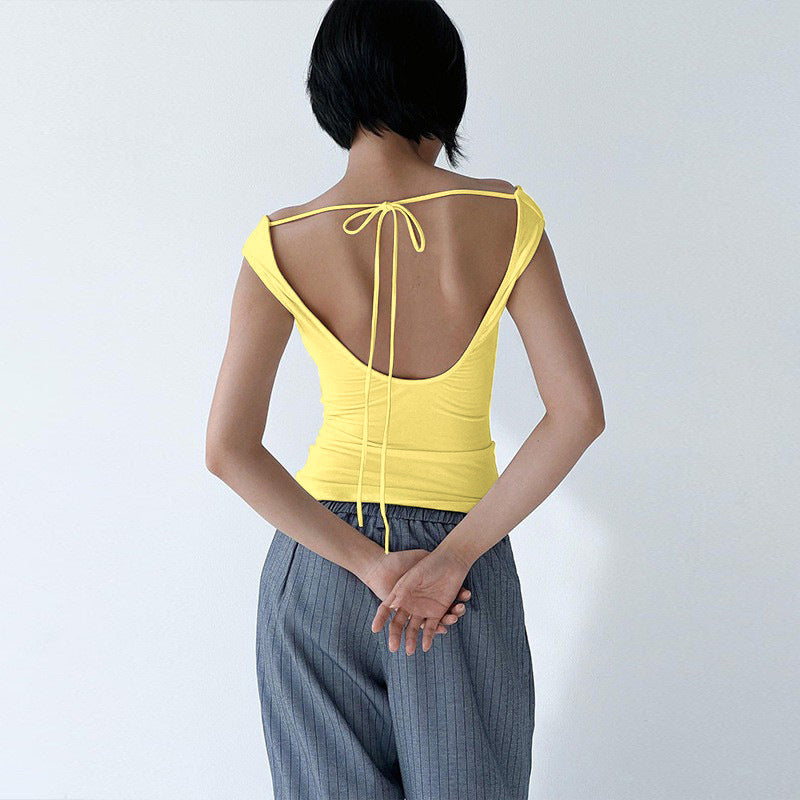 Elegant Yellow Short Tops Fashionable One-line Collar Short-sleeved Lace Up Backless Strappy Off-shoulder Slim Fit T-shirt