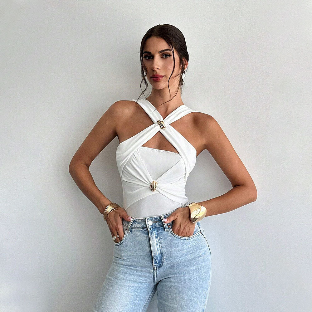 Sexy Bodysuit Women White Bodycon Sleeveless One Pieces Hollow Knitted Bodysuits Jumpsuit Tops Body Suit
