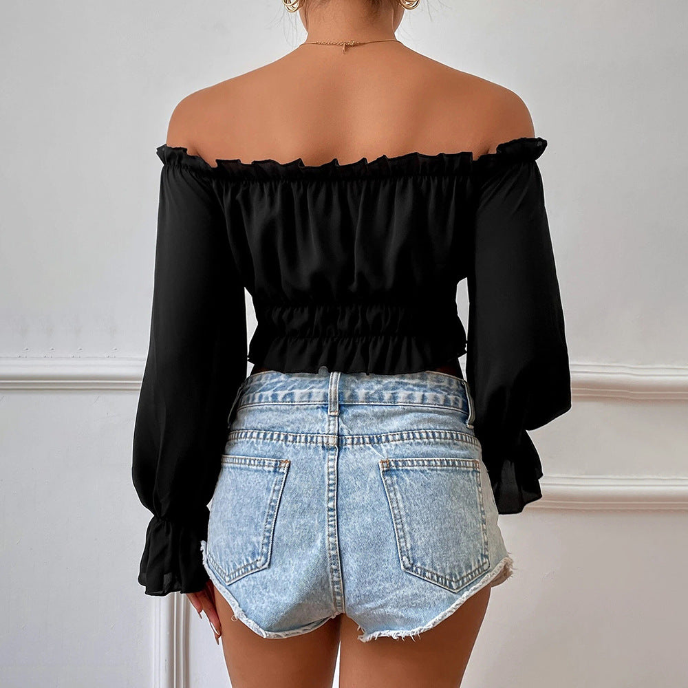 Women's Sexy Casual Home Waisted Wooden Leaf Edge One-length Long Sleeves