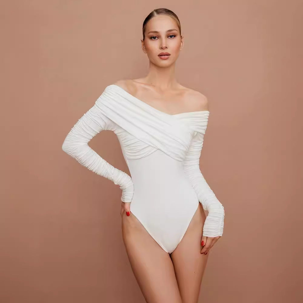 Sexy Off Shoulder Bodysuits Women Fashion Black Crossed Folds Skinny Rompers Long Sleeve Fashion Streetwear Autumn Bodysuits New