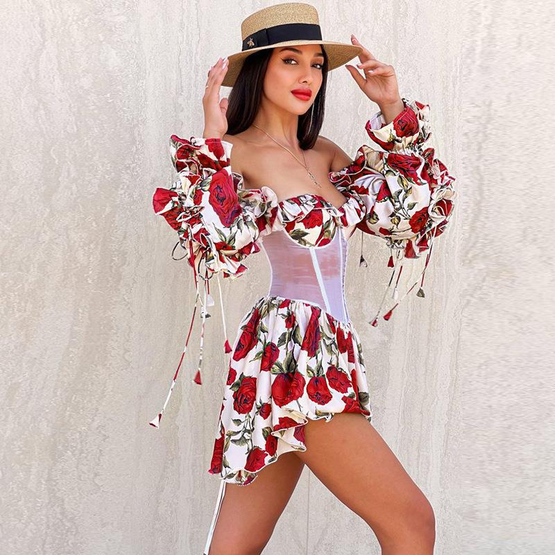 Dresses Women Plus Size Irregular Ruffle Dress Long Sleeved Sexy Transparent Mesh Waist Dress Sexy Slim Short Dresses Female