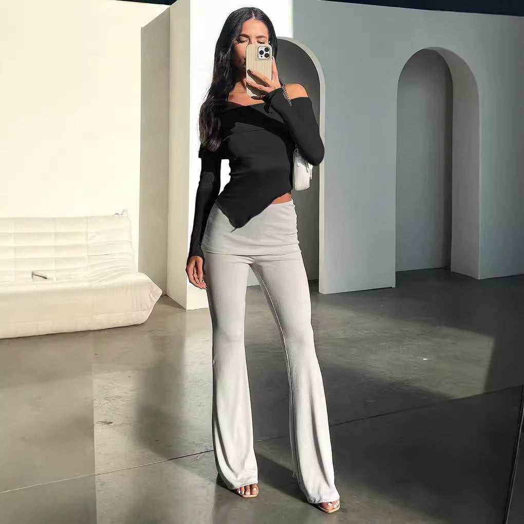 Women's Sexy Slimming Long Sleeved One Shoulder Foldable Tight Top New For Spring 2025 Nightclub Party