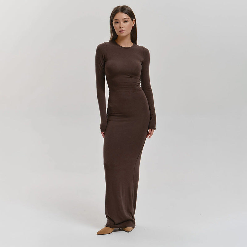 Women's Dress Autumn New Long Sleeve Long One-piece Dresses Solid Maxi Simple Elegant Casual Bodycon Robe Ladies Fashion